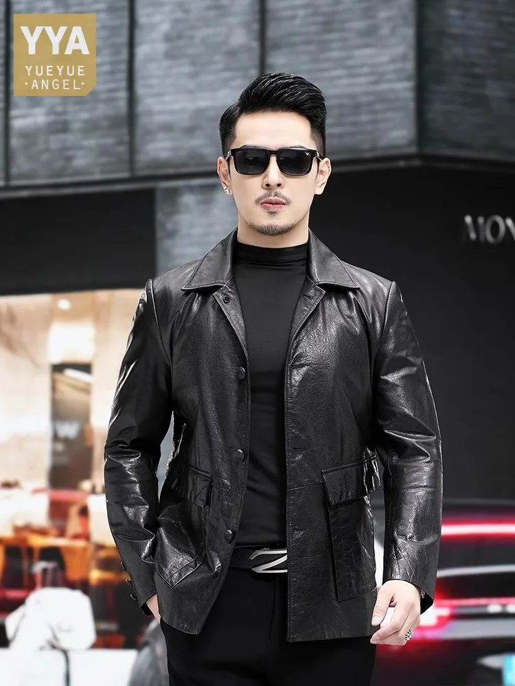 Top Quality Mens Single Breasted Oil Wax 100% Real Cowhide Genuine Leather Jacket Slim Fit Business Man Work Blazer Suit Coat