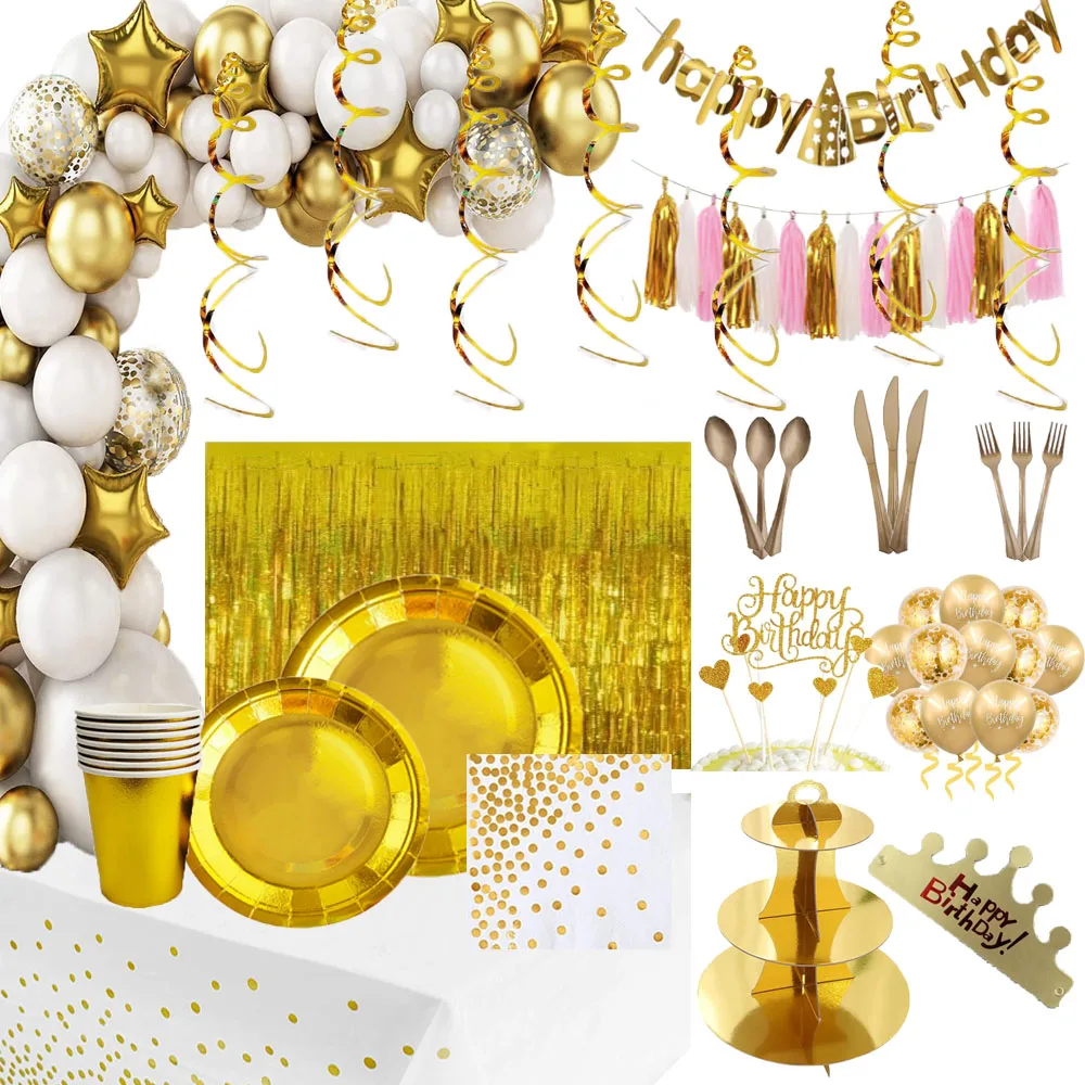 

96pcs Gold Party Decoration Golden Party Disposable Tableware Disposable Plates Cups Kids Adult Wedding Bachelor Party Supplies