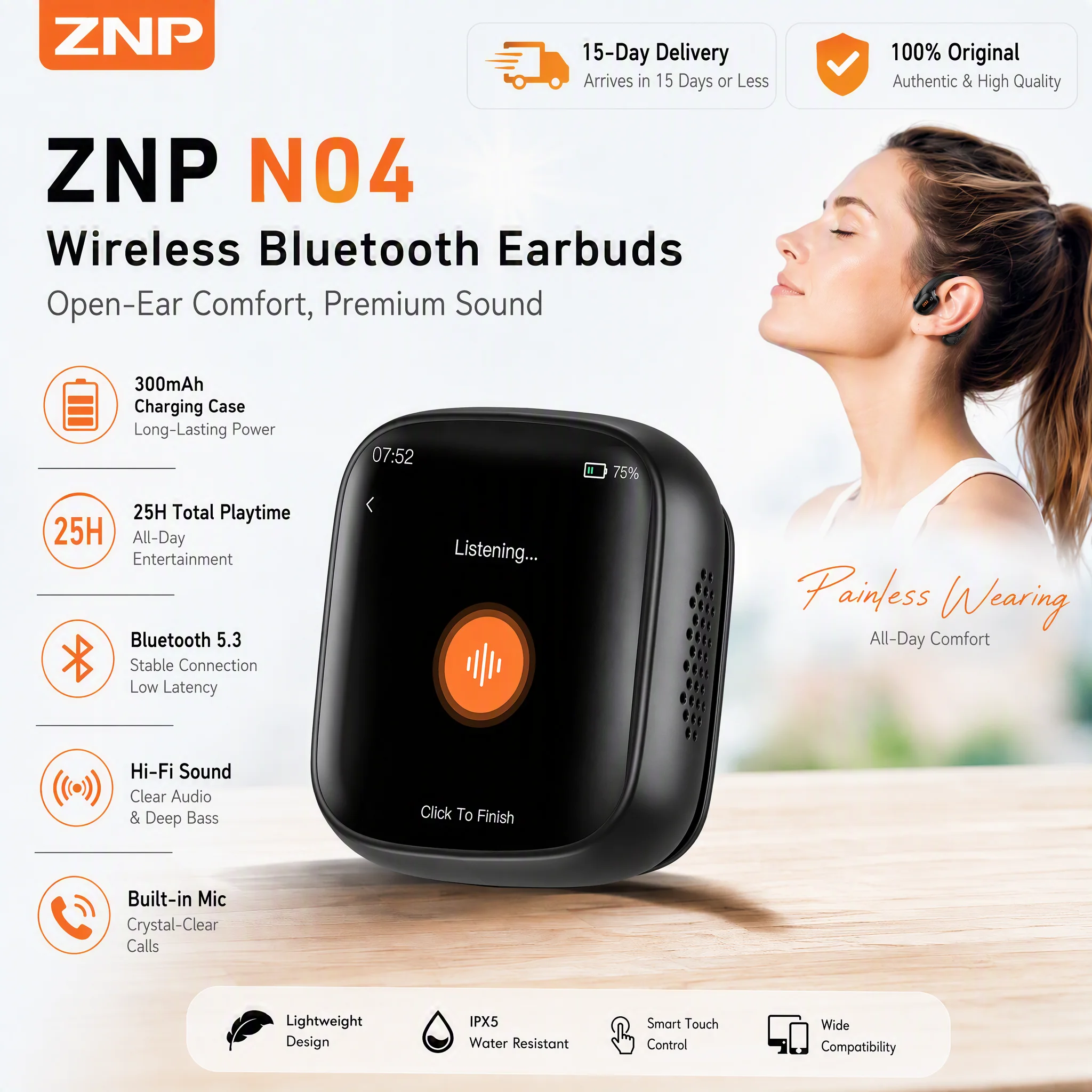 ZNP N04 TWS Wireless Bluetooth Earbuds In-ear Earphones HiFi Stereo ENC HD Microphone Long Battery Life IPX5 Touch Control