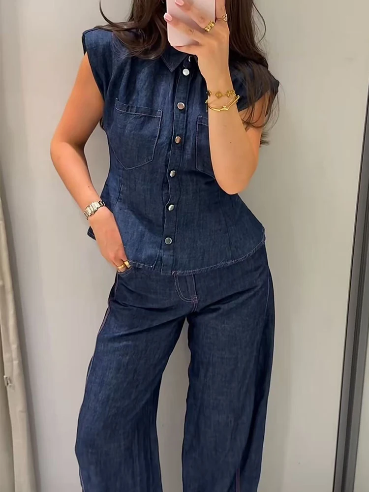 TFMLN Women Denim Pant Set Chic Sleeveless Shoulder Pad Shirt Top Wide Leg Pants 2-Piece Casual Streetwear New Female Suits