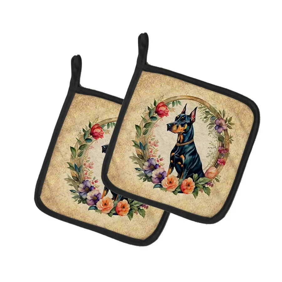 

Doberman Pinscher and Flowers Pair of Pot Holders Kitchen Heat Resistant Pot Holders Sets Oven Hot Pads for Cooking Baking BBQ