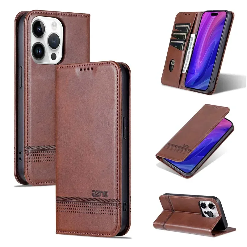 PU Leather Wallet Case for IPhone 15 Pro Max 14 Plus 11 12 13 X XS XR 7 8 Soft Shockproof Cover Stand Holder with Pocket