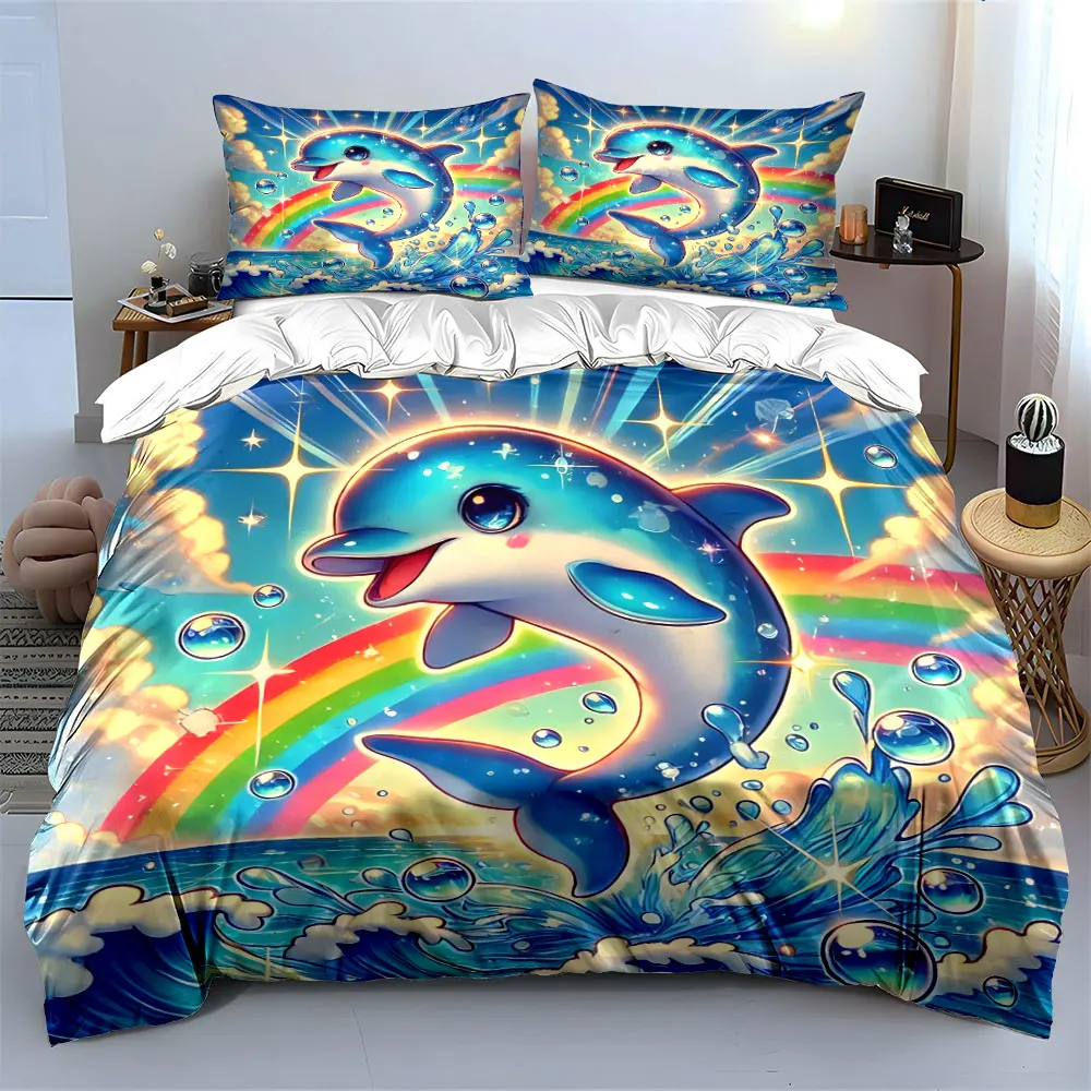 Colorful Dolphin Three-Piece Set Multiple sizes kid's and adults' bedroom Exquisite 3PC bedding set, gift