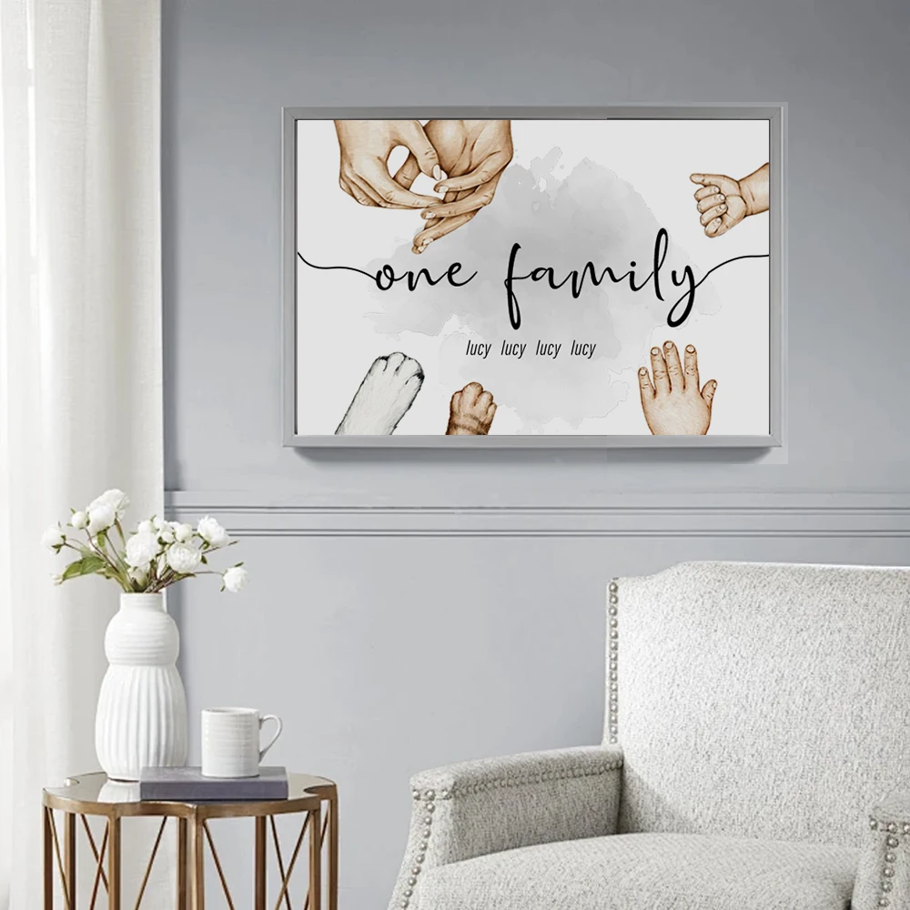 

Familie Handen En Huisdieren Poten Aangepaste Poster Achternaam Aangepaste Namen Canvas Kunst Print Gepersonaliseerde Gift Muur