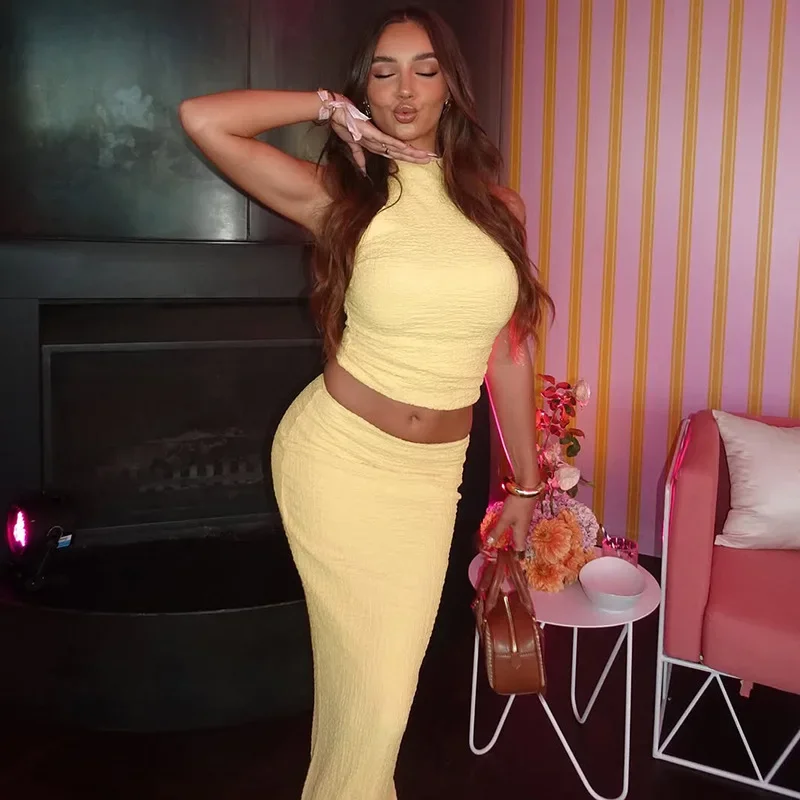 

Women Fashion Solid Shirring 2 Piece Set Lace Up Halter Backless Tank Crop Tops + Split Bodycon Maxi Skirts Holiday Party Suits