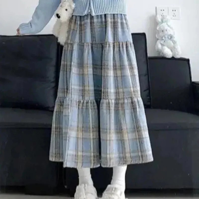 Tweed Plaid Skirt Women Sweet Gentle Fall Winter High Waist Cake Skirt Harajuku Y2K Vintage Skinny A-Line Pretty Style Dress