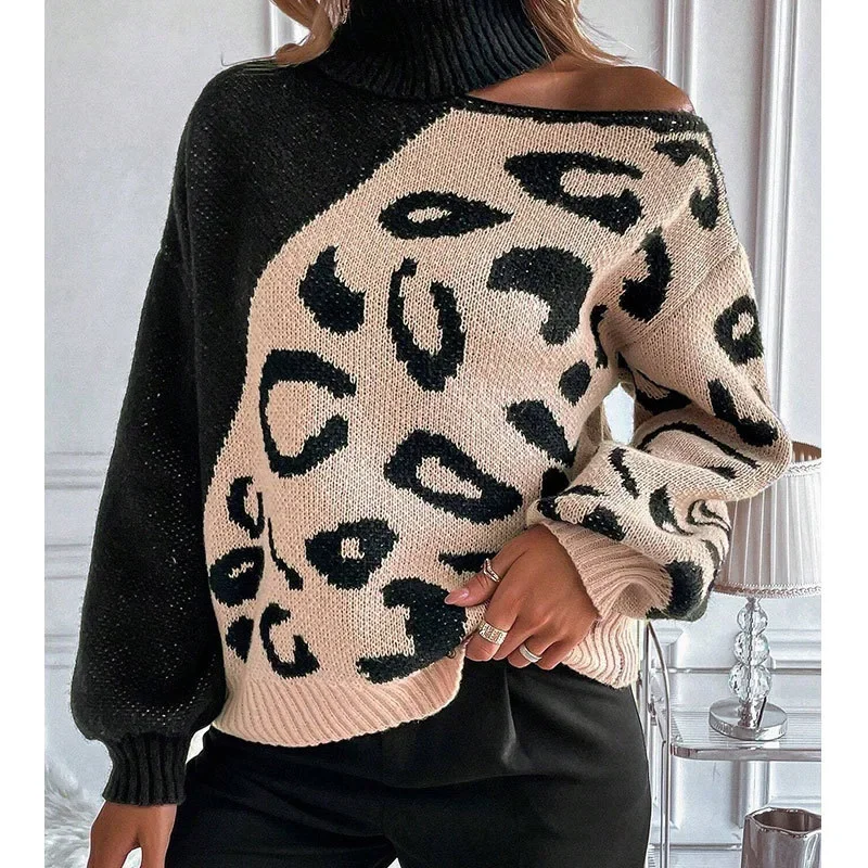 Women's New Sexy Off-the-shoulder Leopard Print Patchwork Turtleneck Hollow Out Spell Color Knit Sweater for Autumn and Winter