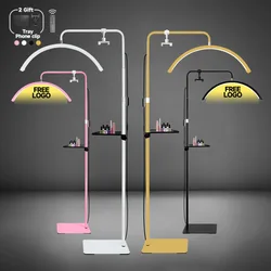 Arched Free LOGO Beauty Salon 23inch 45W Remote LED Floor Lamp Adjustable Ring Light Metal Tray Storage with Facial Illumination