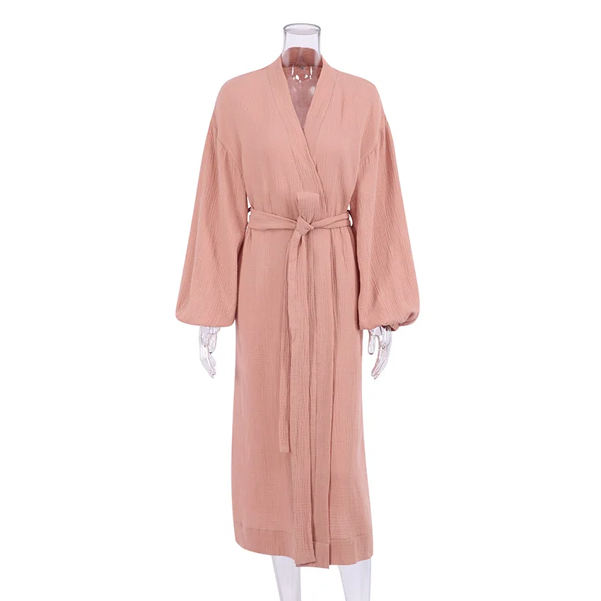 Cotton Maxi Dress For Women Sexy V-Neck Long Sleeve Spring Autumn Bandage Lace Up Casual Sundress Robe Vestido