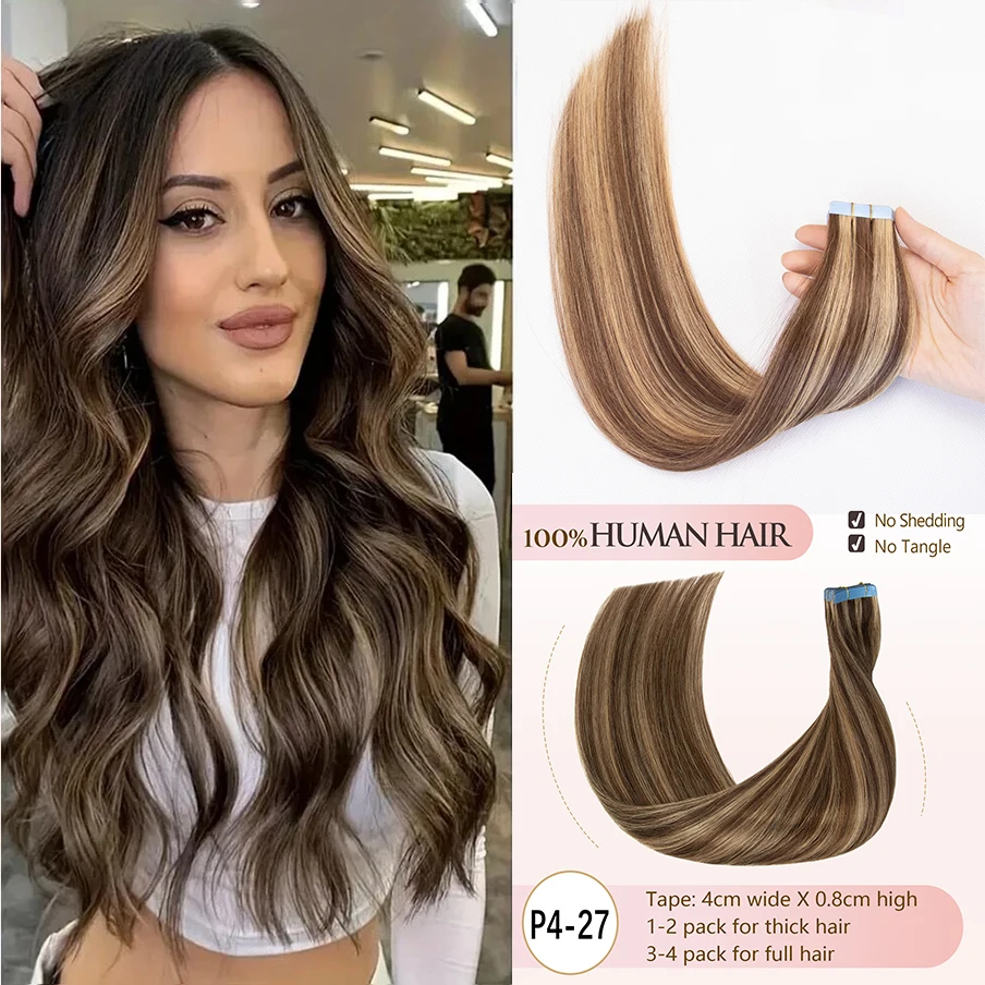 

Thin & Undetectable Tape in Hair Extensions 100% Remy Human Hair for Seamless Blending 12-24 Inch with Thick Ends Natural Volume