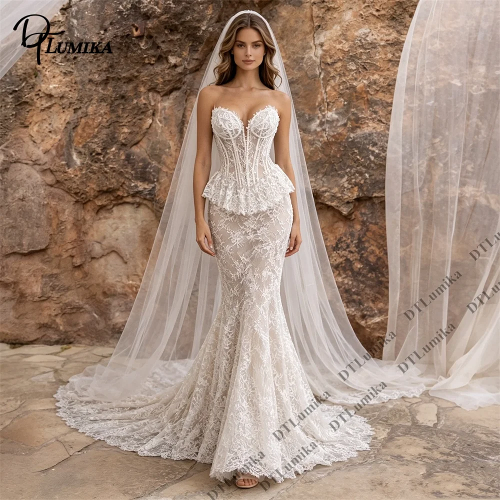 Strapless Corset Mermaid Wedding Dress Vintage Lace Peplum Bridal Gown Chapel Train Sheer Lace Fit and Flare Wedding Dresses