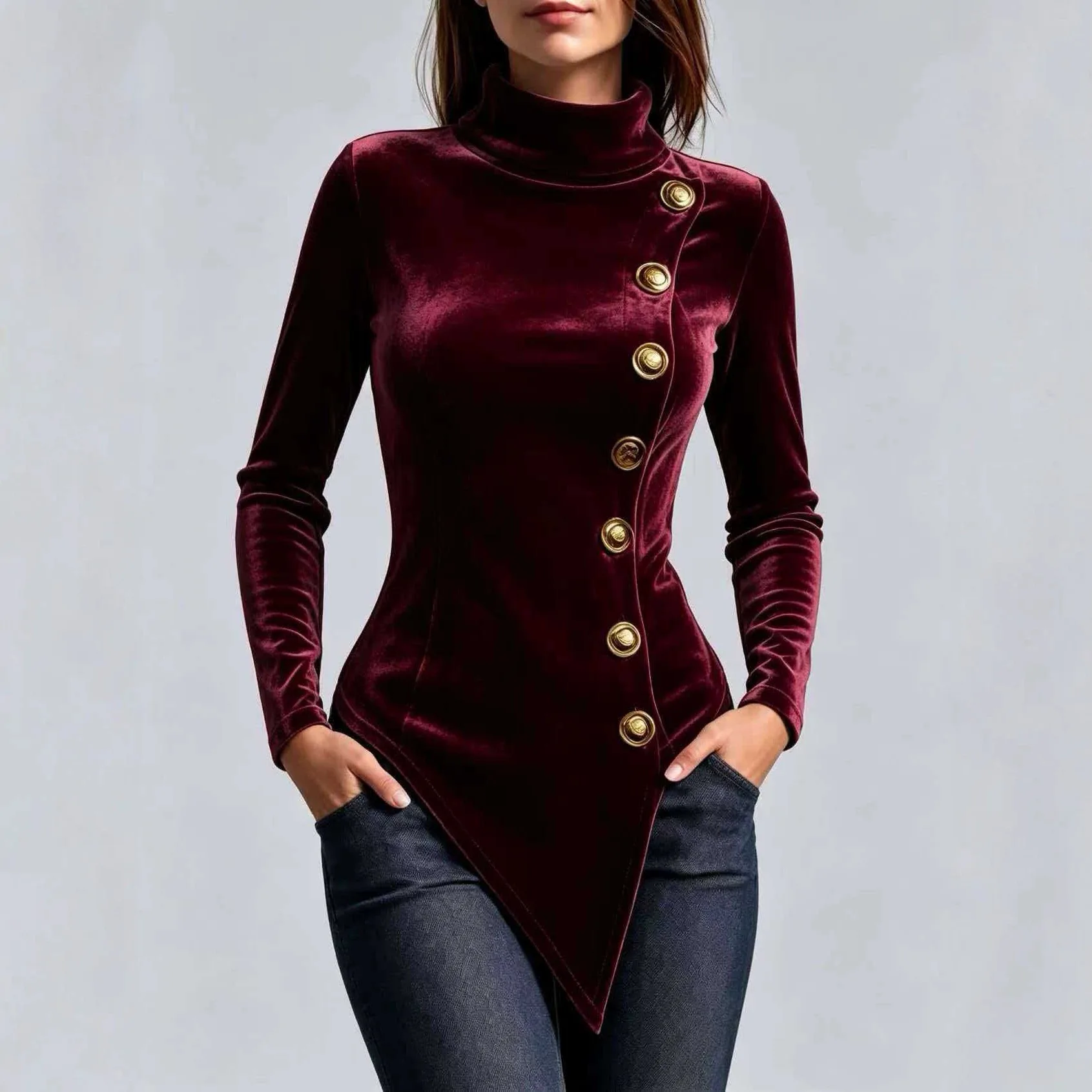 2026 Velvet High-neck Long-sleeve Top For Women, Autumn. And Winter. With Diagonal Button Closure, Waist-cinching Design, And An