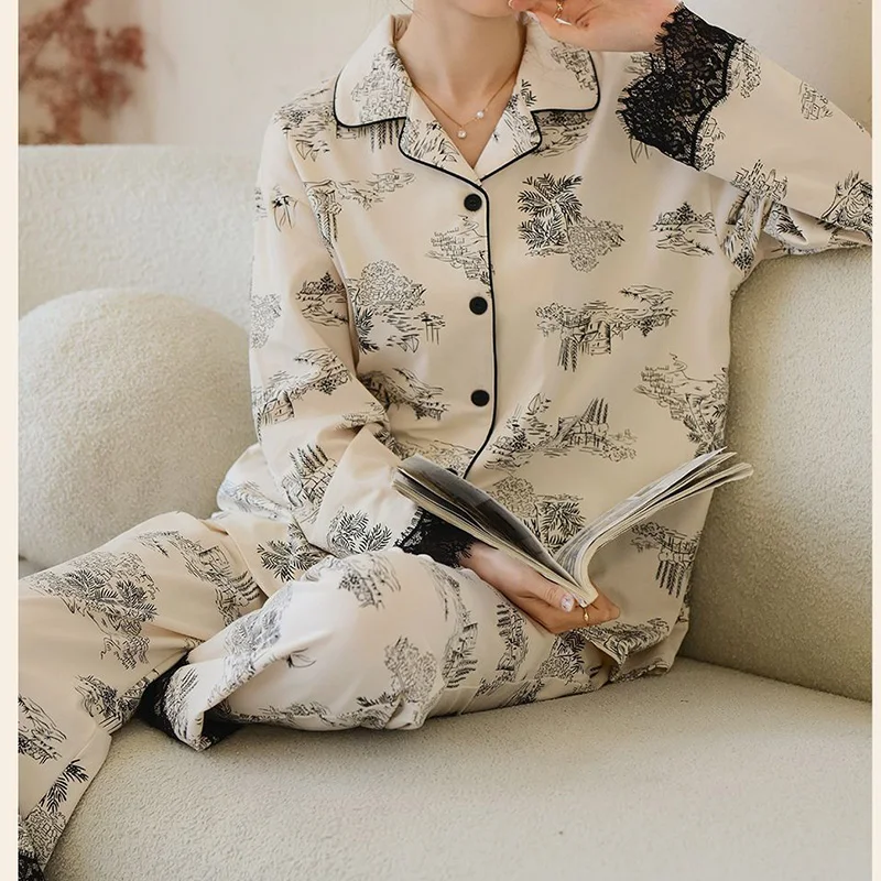 Women Silk Lace Print Long Flare Sleeve Princess Pyjama Femme Sleepwear Loungewear Sweet Girls Nightwear Two Piece Sets