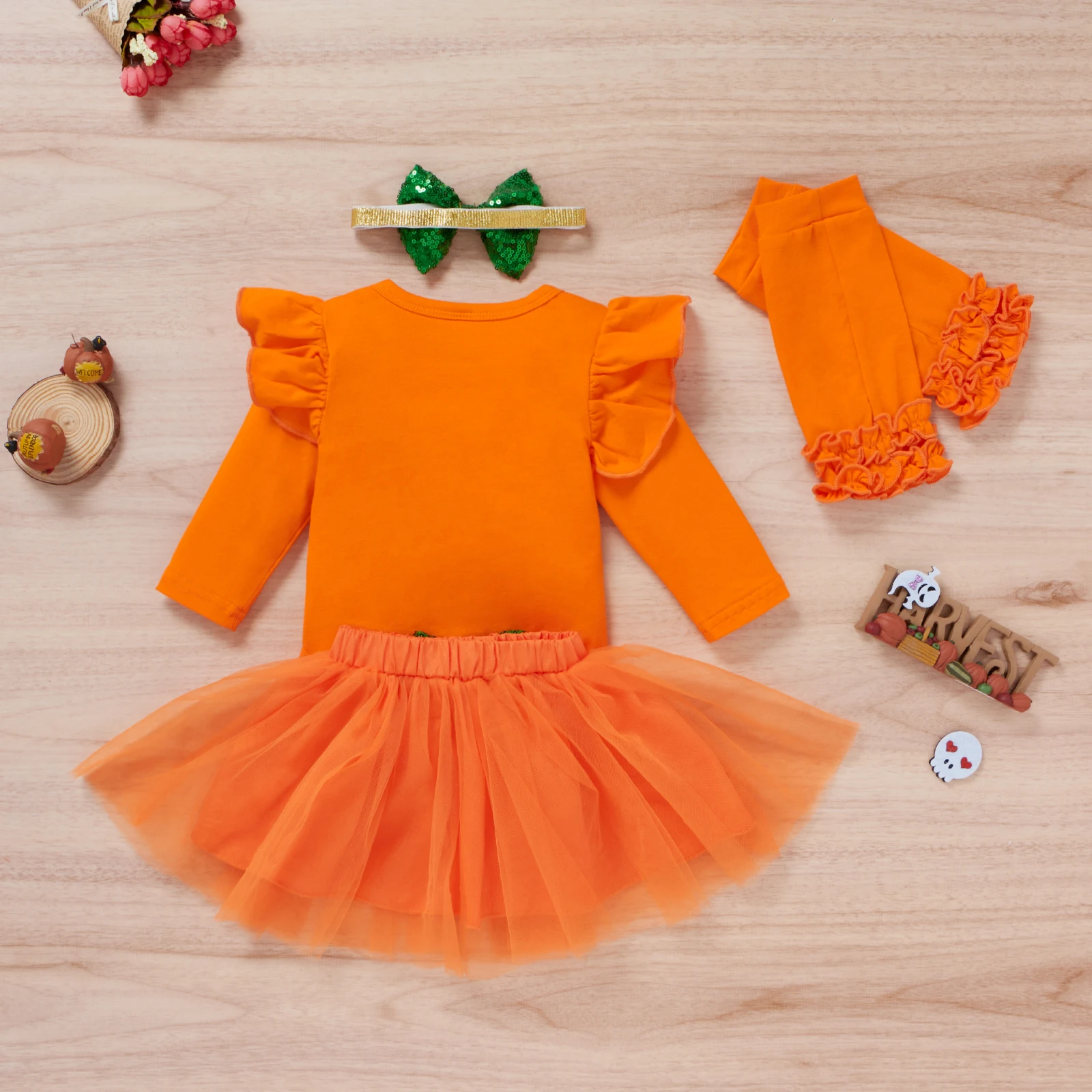 3PCS Autumn Girl Baby Aged 0-2 Years Old Orange Round Neck Smiley Face Print Long-Sleeved Top + Mesh Skirt Set