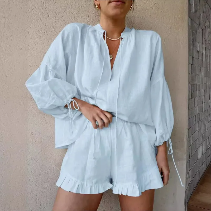 Women's Casual 2 Piece Long Sleeve Lace Up Top Shirt And Shorts Set 2024 Summer White Casual Chic Suit Set