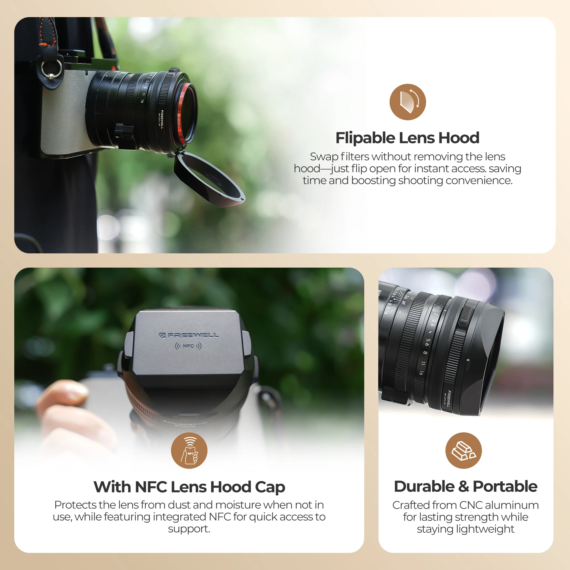 Freewell Gegenlichtblende mit CPL- und schwarzen Nebelfiltern, drehbarem Design und NFC-Kappenkompatibilität, Zubehör für Leica Q3 43 Kameras – Detail 3