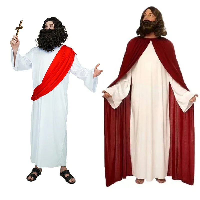 男性のためのjesusコスプレコスチューム、ハロウィーンのバスローブ、ファンシードレス、白、ロング、ジャスロールプレイ、パーティーコスチューム、大人の男性