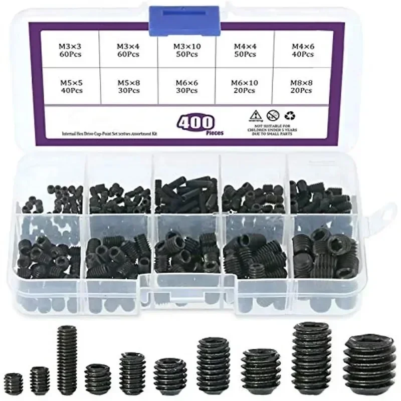 400pcs Grub Screws Assortment Kit M3 M4 M5 M6 M8 Cup-Point Cone Point Black Alloy Steel Hexagon Socket Screws