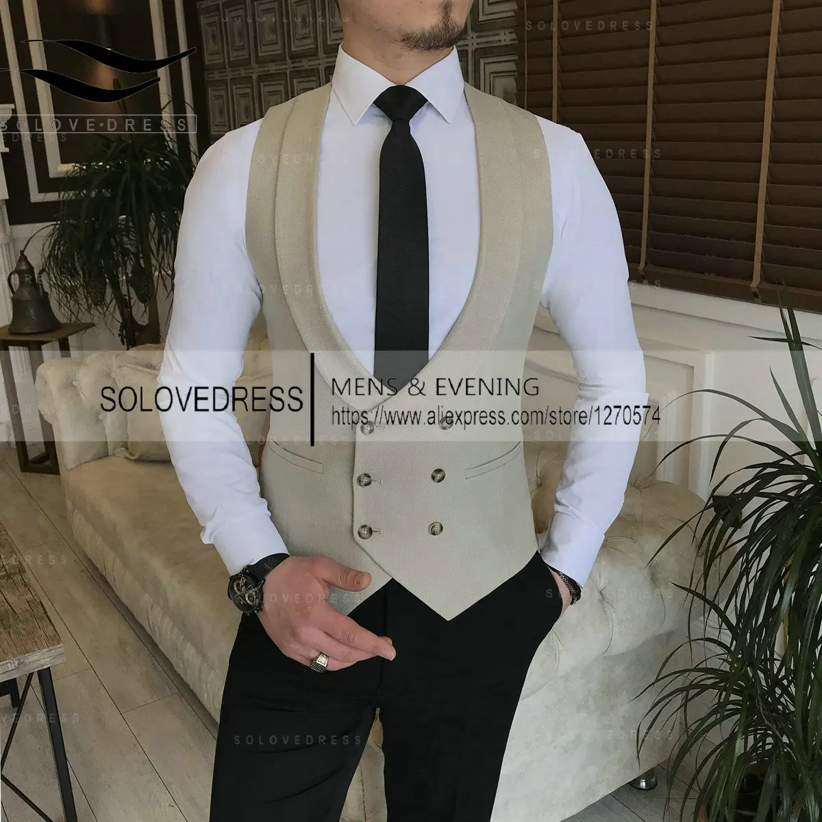 Black Men\'s Suit Vests Vintage Herringbone for Wedding Groomsmen Mens Waistcoat Vest