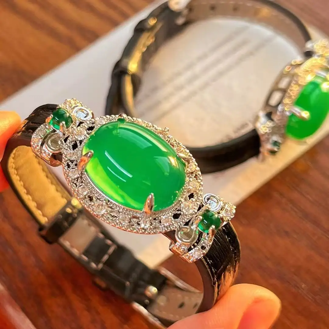Vintage Icy Imperial Natural Chalcedony & Agate Bangle Bracelet, Translucent Jadeite-Green Gemstone Hand Chain for Women