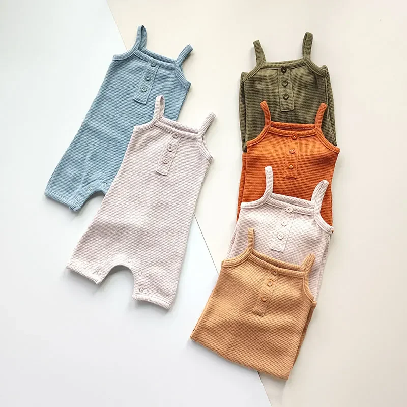 Romper bayi katun wafel Musim Panas 2022, jumpsuit tanpa lengan untuk anak laki-laki dan perempuan, 0-18 bulan