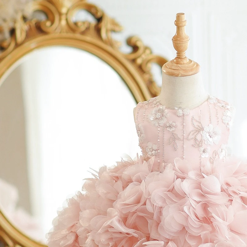 Elegant Pink Girls Princess Dress Fluffy Tulle Tutu Gown Toddler Flower Girl Dress Kids Formal Costume for Wedding Banquet