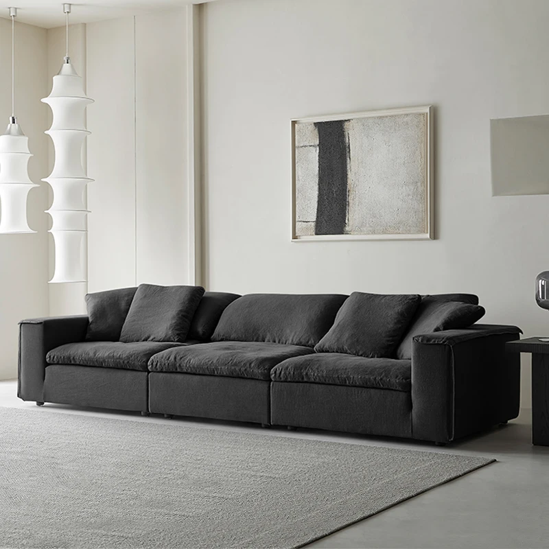 Sofa black linen fabric modern simple combination living room three-person straight row Z