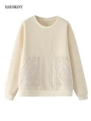 2022 Women Round collar Front Spliced Knitted Pockets Pullover Hoodies Sweats Winter Keep Warm With Fleece Sweatshirt Beige