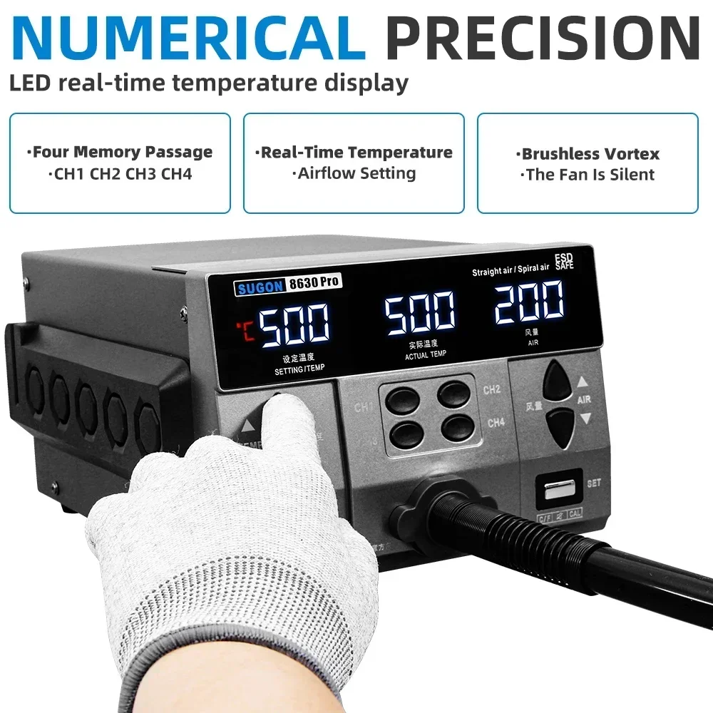 2024 SUGON 8630Pro 1300W Hot Air Gun Digital Display BGA Rework Curved Nozzle Welding Repair Desoldering Station