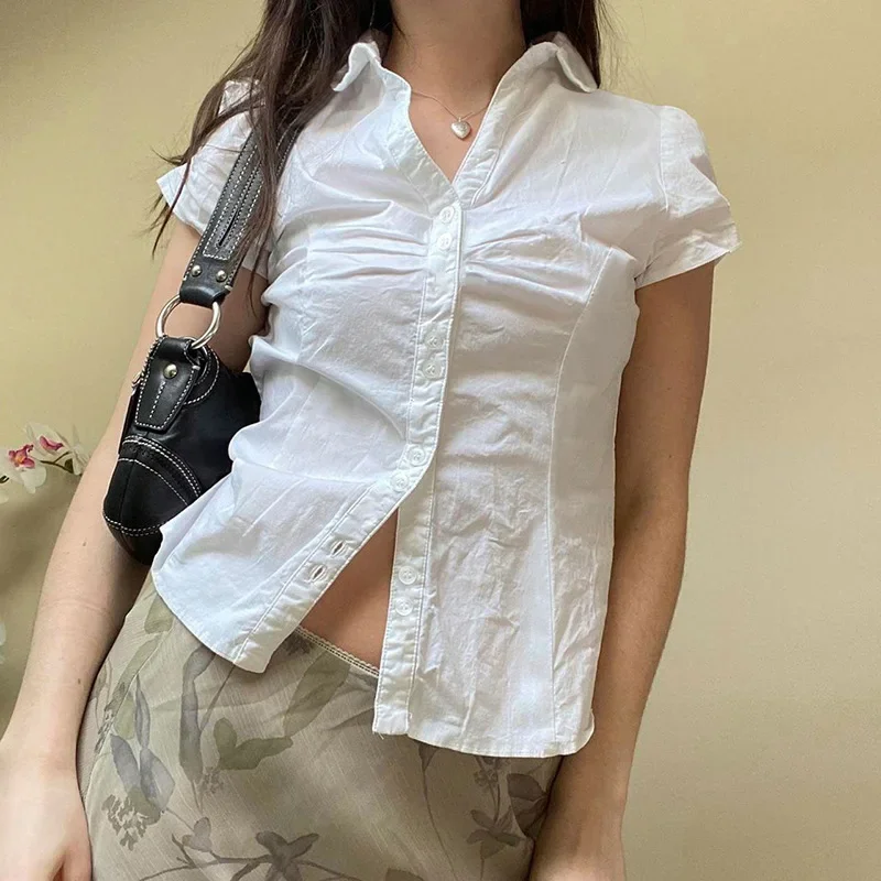 

Y2K Womens Back Tie Up Shirt Simple Temperament Solid Color Slim Fit Buckle Pleated Lapel Spicy Girl Commuting Basic Style