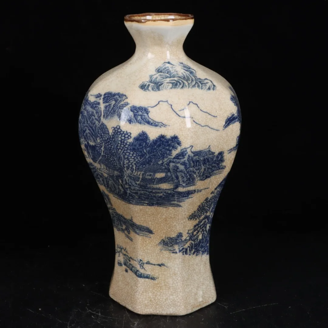 Jingdezhen Blue and White Landscape Pattern Six Ridge Plum Vase Antique Porcelain Decoration