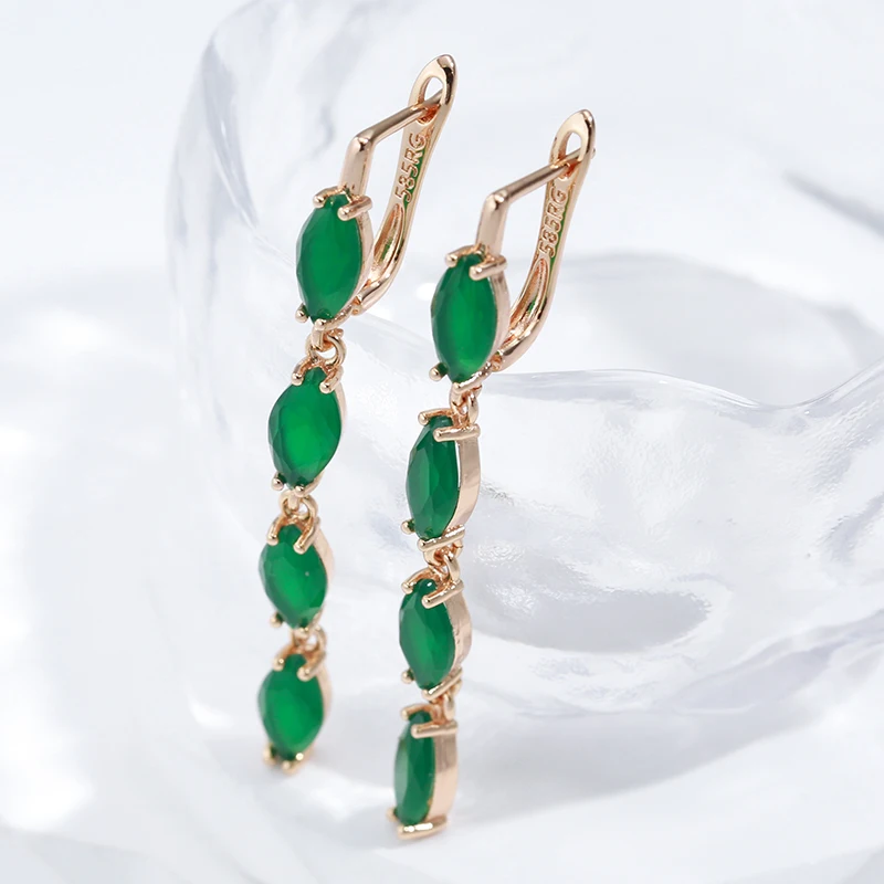 Luxury Emerald Green Zircon Long Tassel Dangle Earrings Ring Set For Woman 585 Rose Gold Fashion Jewelry Party Wedding Set Gift