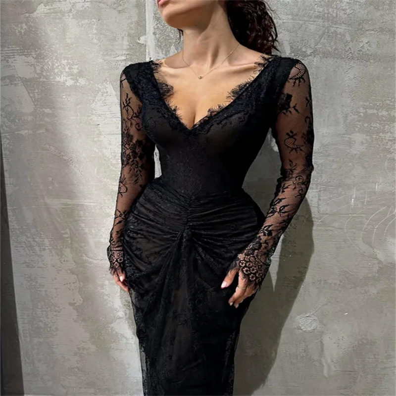 Personalizzato nero scollo a V sirena pizzo abiti da ballo manica lunga pieghe da sera abiti da noche pavimento-lunghezza da sera formale 2025