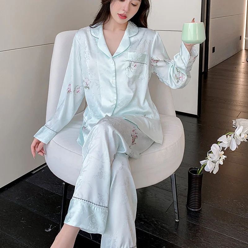 2024 Spring Autumn New Ice Silk 2 Pieces Pajamas for Women Fashion Cardigan Pyjamas Femme Sweet Printing Women Lazy Loungewear