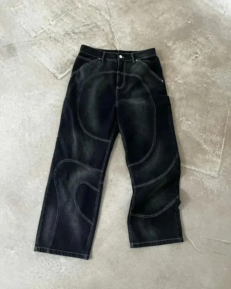Jeans retrô bordados de cintura alta, soltos, finos, design de personalidade, estilo de rua alta, hip-hop, bordados, retos, pernas largas