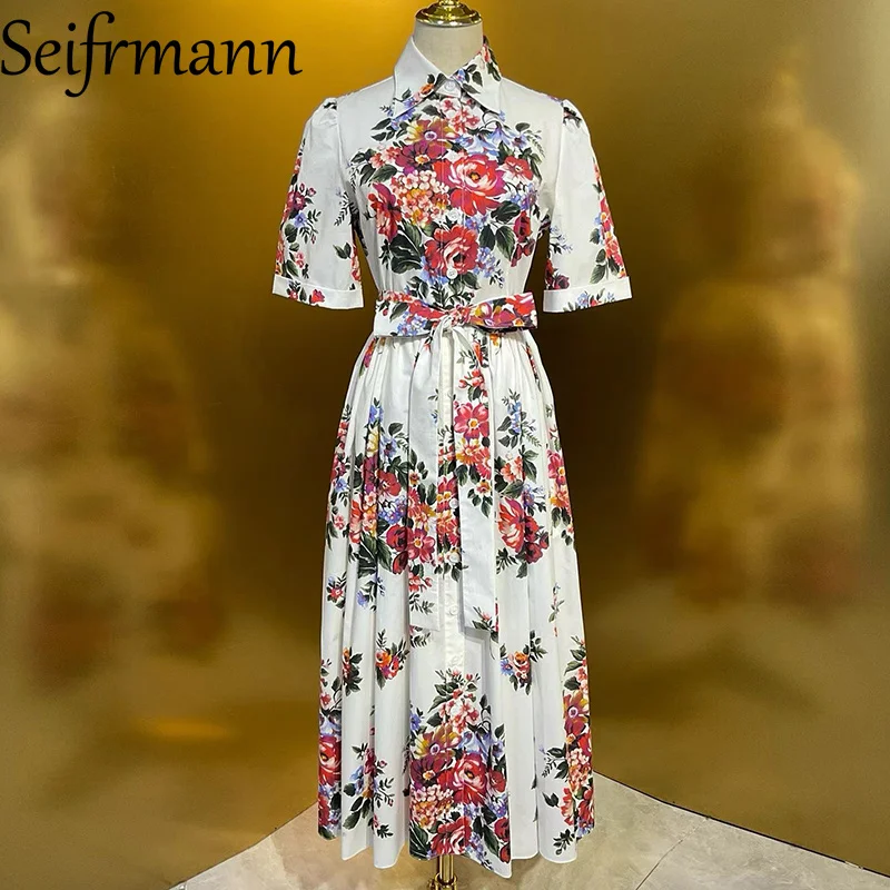 Seifrmann Sommerkleid für Damen, lässig, mit Umlegekragen, kurzen Ärmeln, Schnürung, schmalem Schnitt, bedruckt, aus Baumwolle ﻿