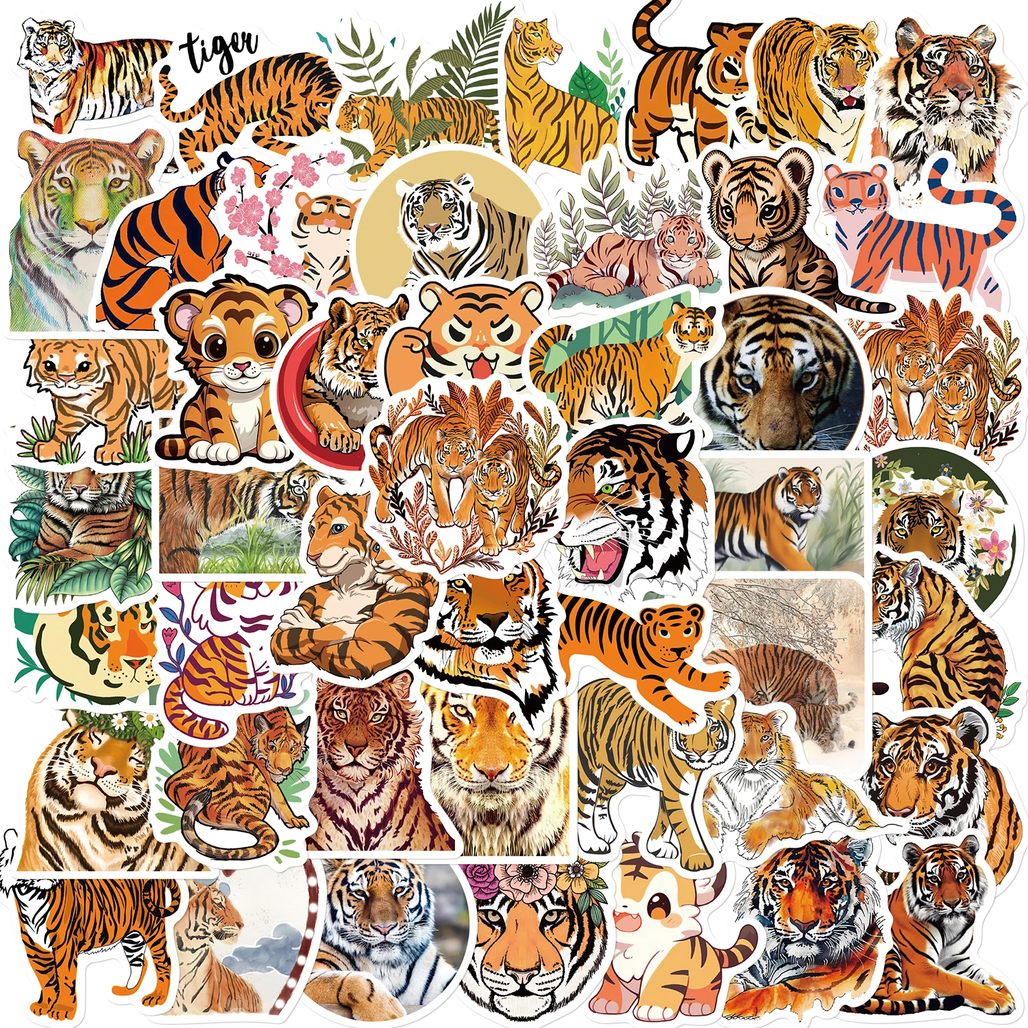 50PCS Creative Cartoon Cute Tiger Animal Stickers Decoration DIY Laptop Scrapbook Skateboard Graffiti Waterproof Sticker Toy