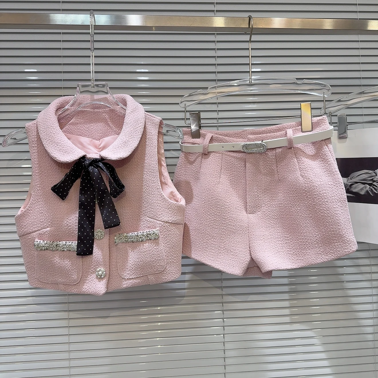 

Women's Summer Sweet Tweed Two Pieces Short Suit Lady Peter Pan Collar Bowknot Single Breasted Short Vest Top + Shorts