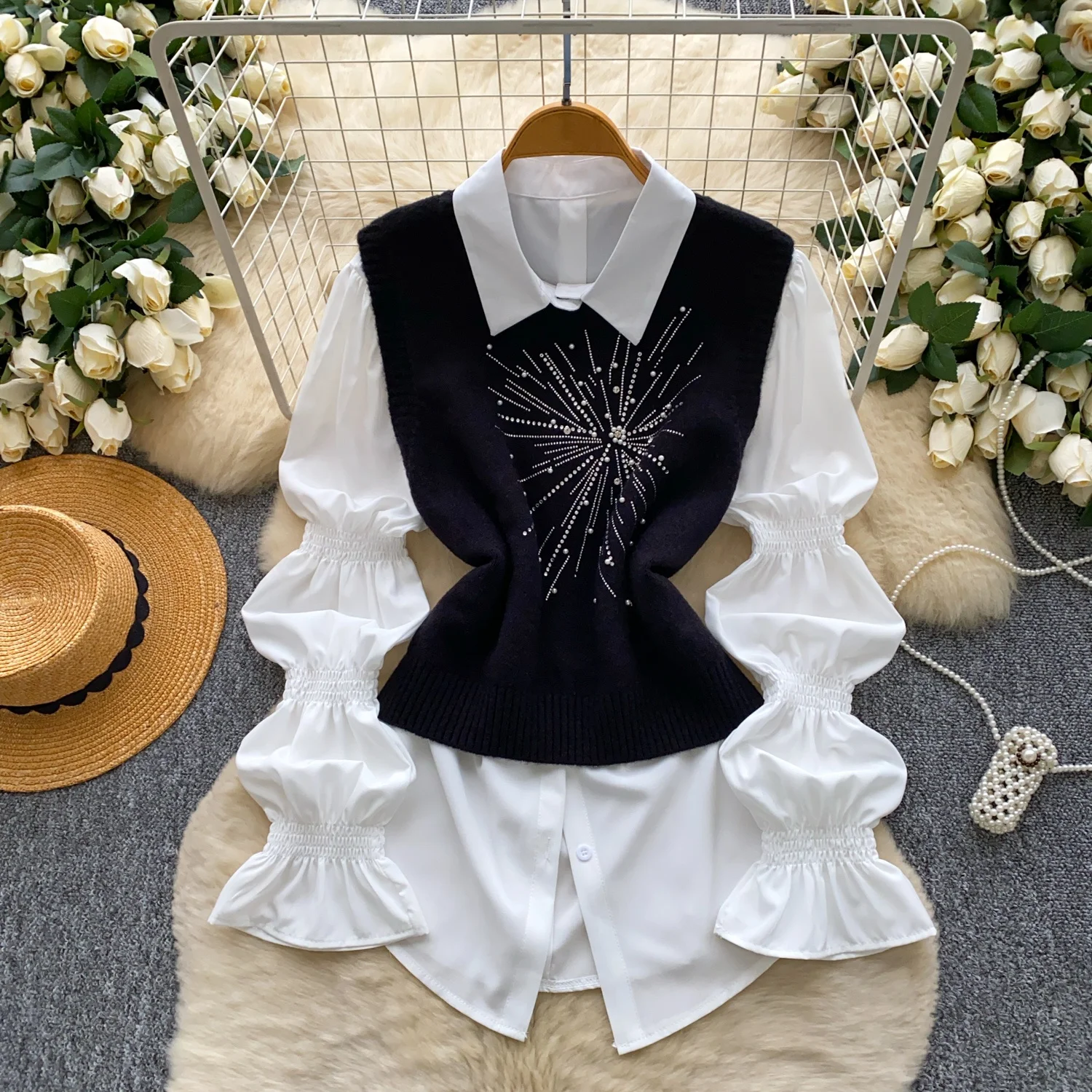 

Clothland Women Vintage Beaded Blouse Suit Long Sleeve White Basic Shirt With Knitting Vest Retro Female Two Piece Set LB385