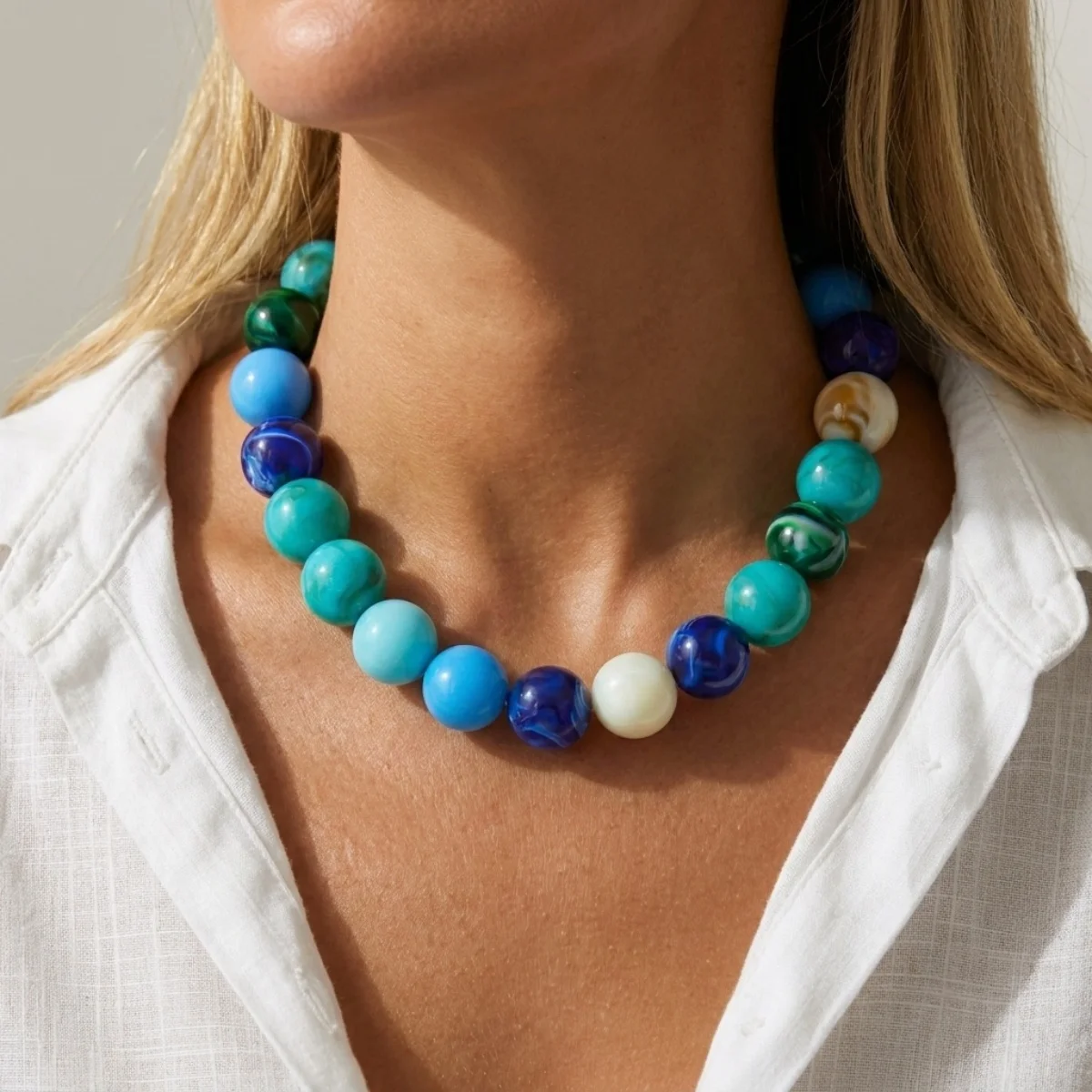 Modische bunte Acryl-Halskette mit großen runden Perlen für Damen und Herren, böhmische blaue braune Harzperlen, Choker, Y2K-Ästhetik-Schmuck – Detail 19