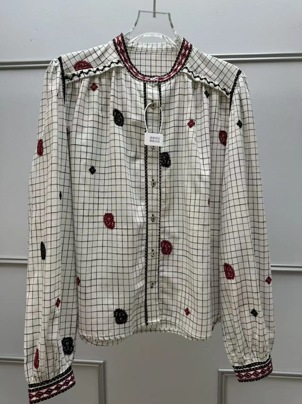 

Ele Bla White Plaid Embroidered round Ne Long Sve Loose Women's irt Versatile French Sle Cotton Bubble Sve