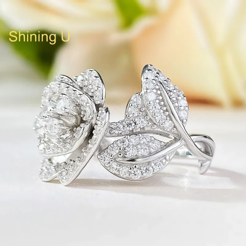 Shining U S925 Silver Camellia Floral Full Gems Ring for Women Fine Jewelry Wedding