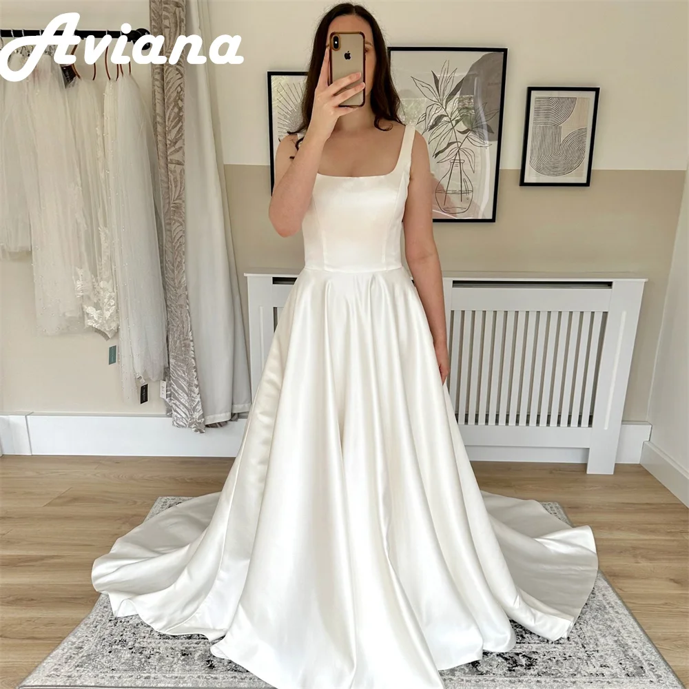 Aviana-vestidos de novia sencillos de satén sin mangas con cuello cuadrado para mujer, vestido de novia elegante con Espalda descubierta, línea A, tren de barrido