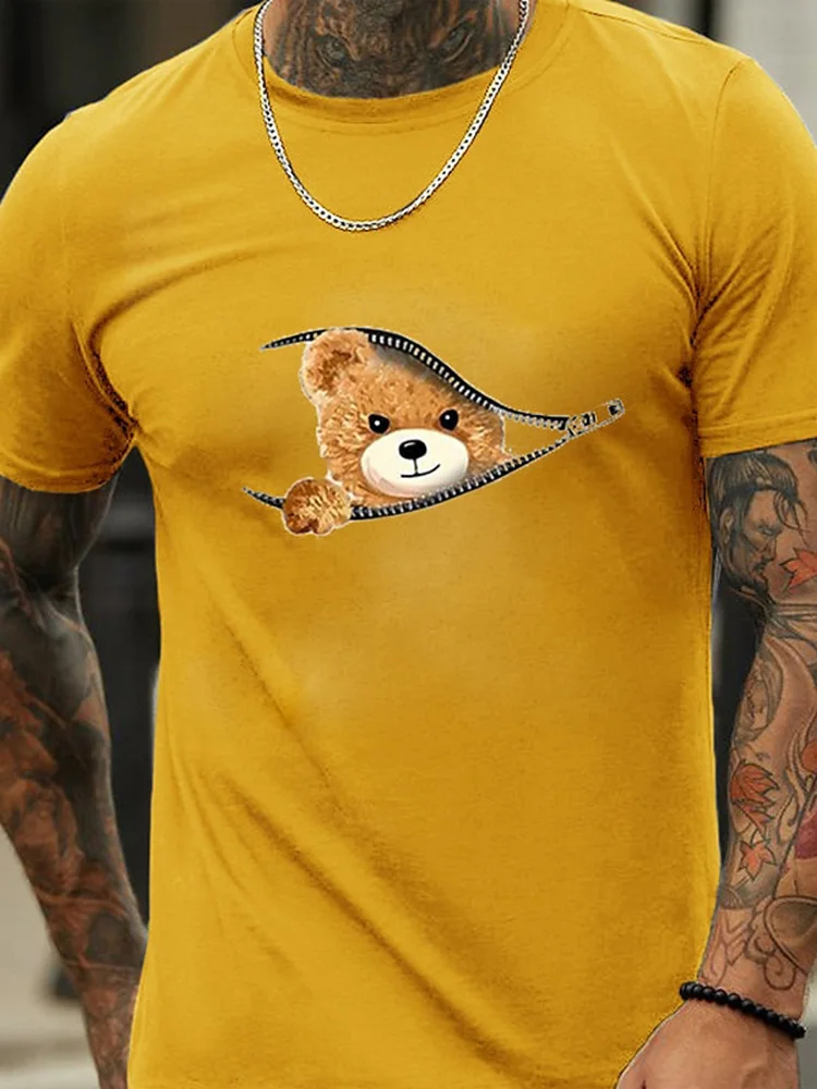 3D Printed Cartoon Bear Pattern Summer Men\'s Casual Cool T-Shirt Outdoor Sports Loose Comfortable Short Sleeve Fashion Tops