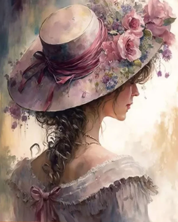 DIY Vintage Floral Hat Lady Diamond Painting, Pink Rose Wide Brim Hat Off Shoulder Dress Side Profile Portrait Wall Decor Gift