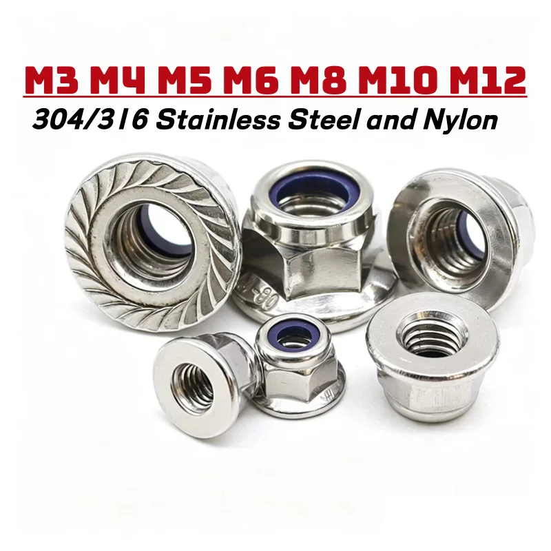 M3 M4 M5 M6 M8 M10 M12 304 316 Stainless Steel Nylon Insert Flange Locknuts Hexagon Flange Lock Nut Nylock Locknut