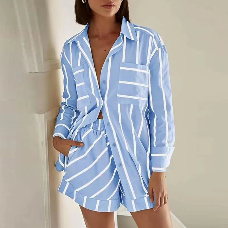 

Contrasting Patchwork Long Sleeved Outfits Fashion Lapel Button Shirt + Shorts Set Spring Summer Casual Striped Print Women Suit