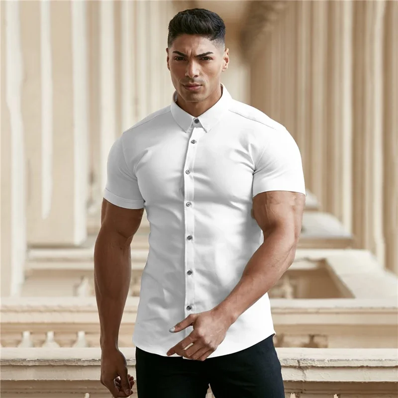 Men\'s Fitness Short-sleeved Lapel Shirts Stretch Thin Solid Color Bodybuilding Tops Casual Cardigan Business Iron-free T-Shirt