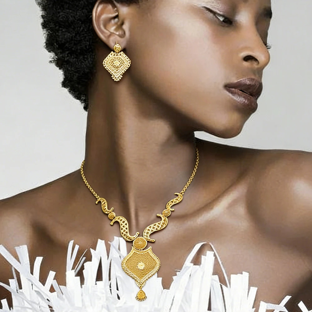 

Lager Necklace Earrings Jewelry for Lady Luxury Women Necklace with Earrings Set African Classic Gold Color Jewelry Sets Daily