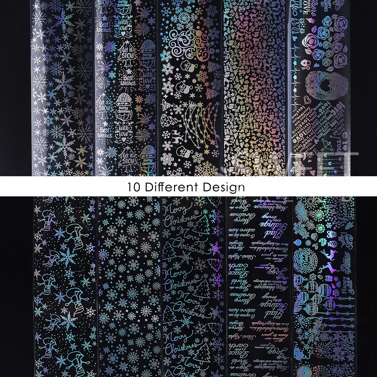 10개 홀로그램 실버 눈송이 네일 전사지 레이저 겨울 크리스마스 트리 불꽃놀이 크리스마스 데칼 새해 매니큐어 슬라이더